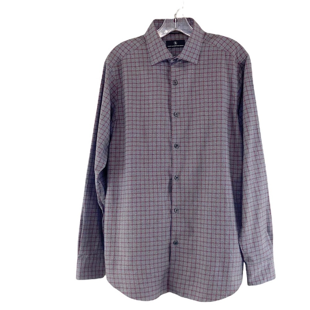 Hart Schaffner Button Down Checked Gray Red Long Sleeve Shirt Men Size Medium - Picture 2 of 10